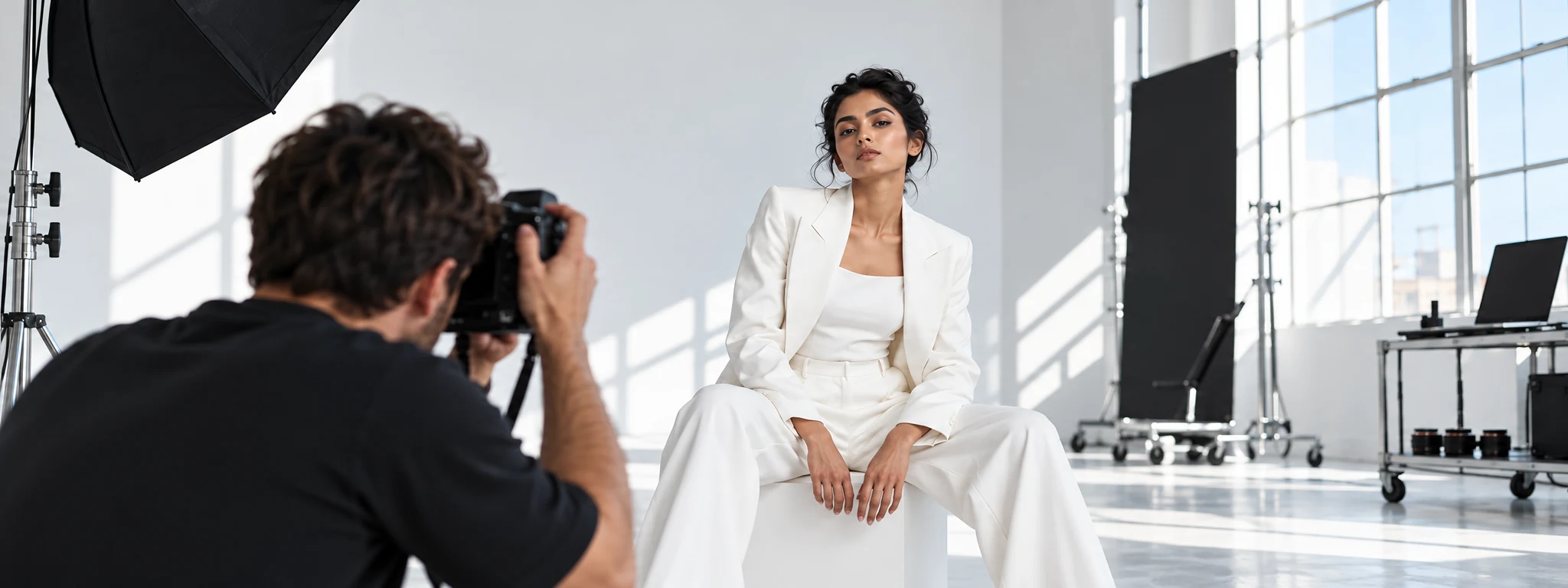 Illustrative AI-created fashion photoshoot in an airy white studio